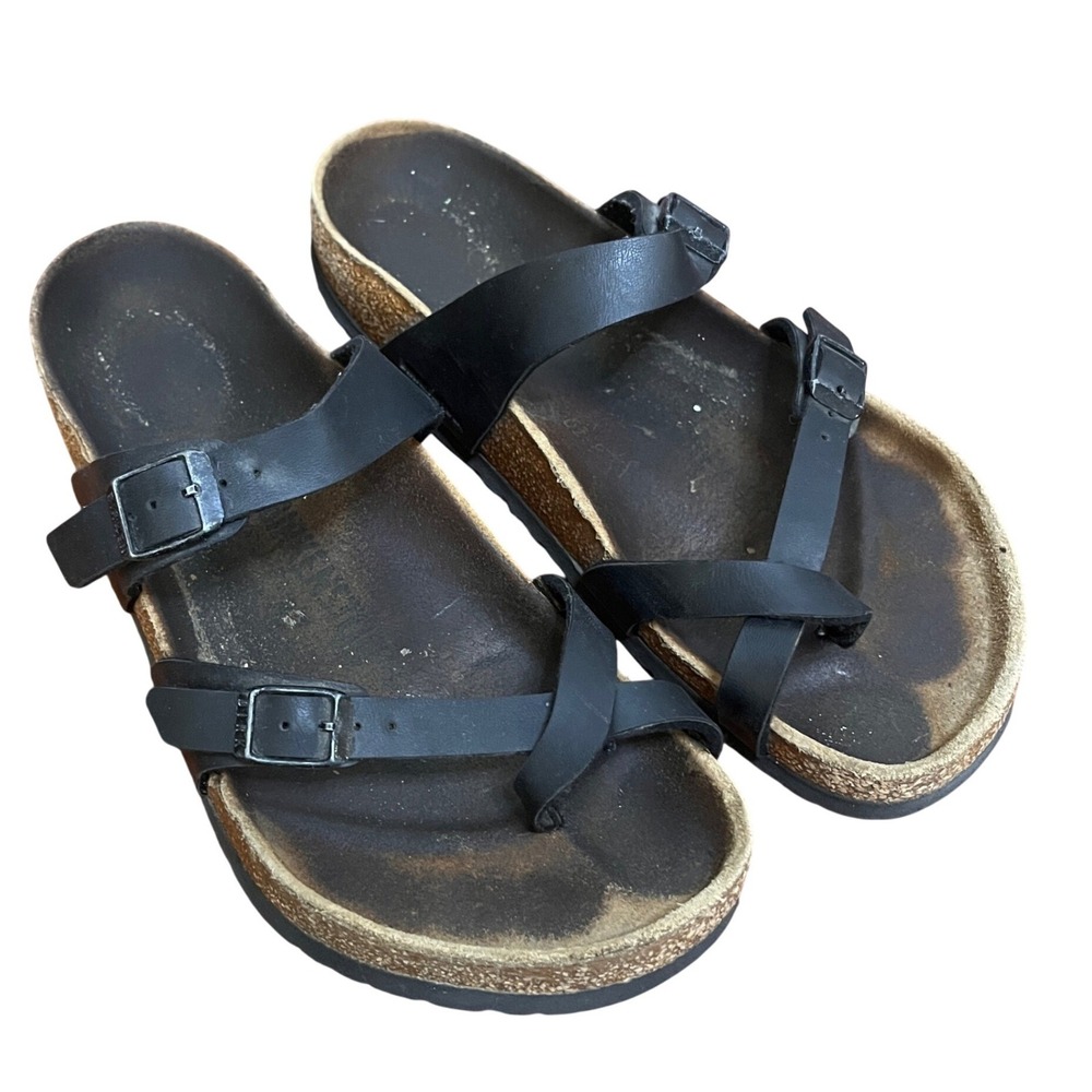 Birkenstock Mayari Black Birko-Flor Toe Loop Buckle Cork Sandals‎ Womens 39 L8